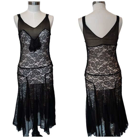 Vintage 1920s Black Sleeveless Dress w' Gored Bottom Panels XS to S - Picture 1 of 16